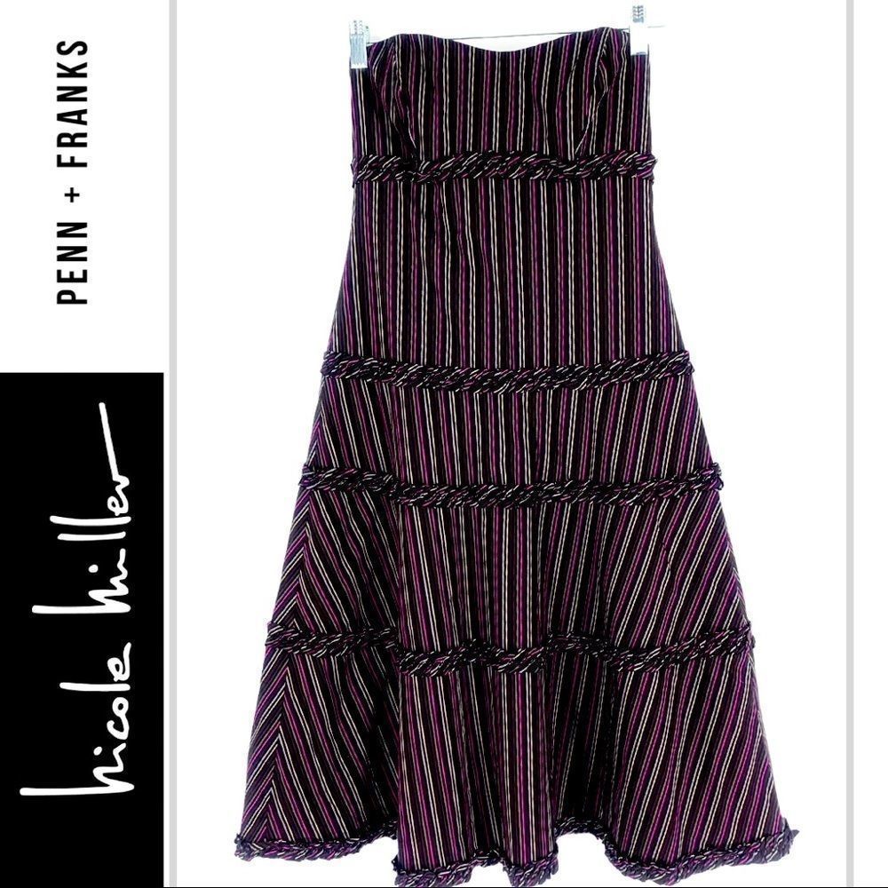 Vintage Nicole Miller Strapless Dress Black Grey Magenta Stripes Size 6